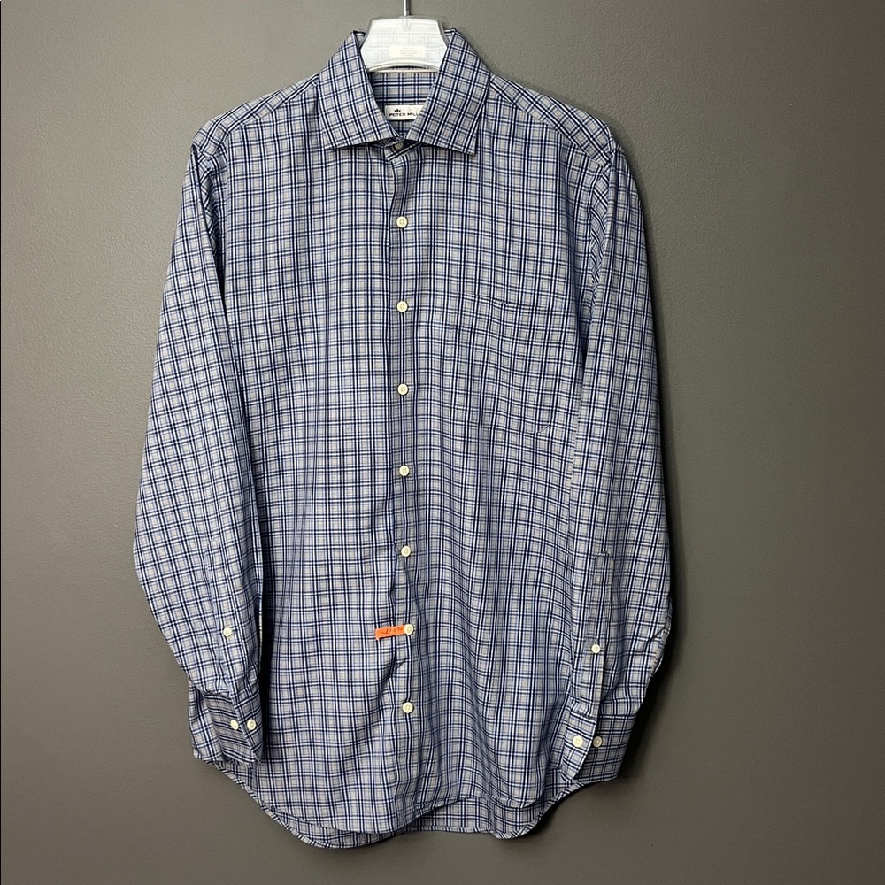 Peter Millar Blue Gray Plaid Check Collared Dress Button Down Shirt Men’s M